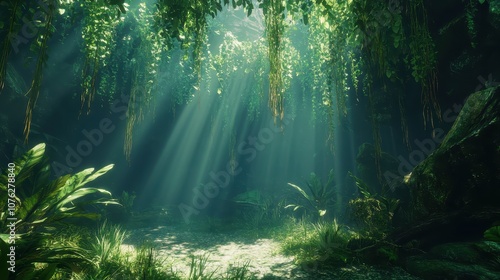 A lush green forest with sunlight filtering through the trees, showcasing the diversity of flora and fauna.