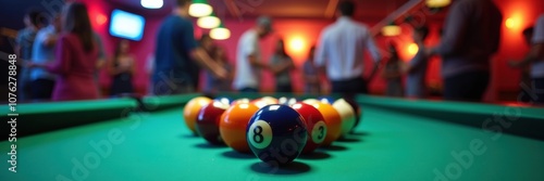 A vibrant billiards scene featuring a close-up of a pool table, with players socializing in the background, perfect for pub, sports bar, and entertainment promotions. photo