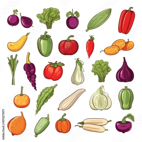 Colorful array of fresh vegetables and fruits on a white background