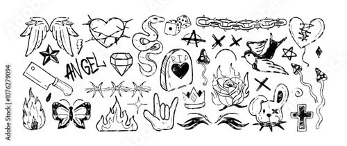 Crayon graffiti doodle rock symbols. Hand drawn y2k tattoo with fly agaric, fire flame, emo gothic heart, barbed wire, chain and burning rose. Chalk pencil heavy metal icons or charcoal goth stickers