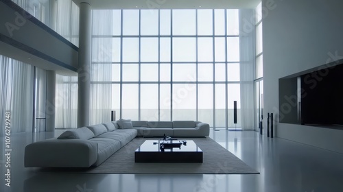 A minimalist modern living room with sleek furniture, large windows, and subtle lighting.