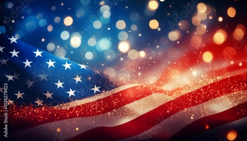 American Flag Sparkle: A dramatic, patriotic image of the American flag waving proudly against a backdrop of glittering lights and festive bokeh, representing the spirit of freedom and unity.