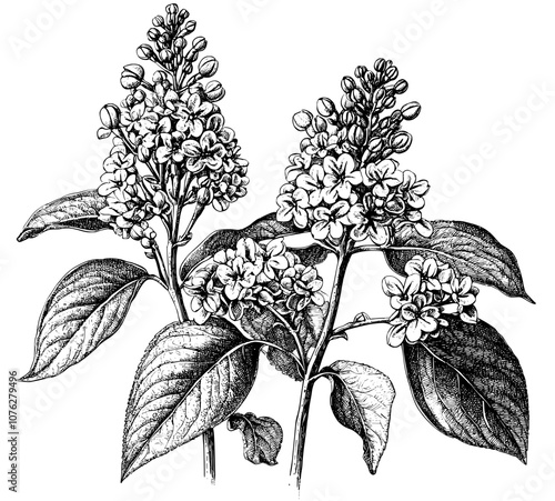 The leaves and flowers of a patchouli plant are isolated on a white background. The herbs are hand drawn. Modern illustration with detailed sketch style.