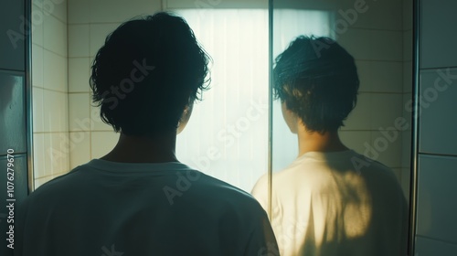 A person facing a mirror, with two reflections: one smiling and one looking anxious.