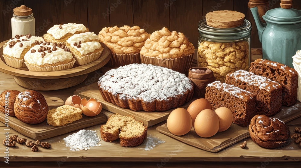 A variety of baked goods and ingredients on a rustic table. A variety of baked goods and ingredients on a rustic table.