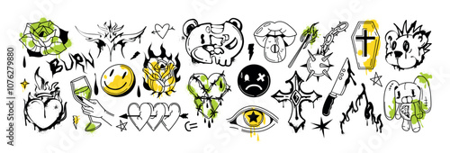 Spray paint graffiti elements, y2k gothic tattoo set. Street art ink burning heart, broken bear head, smile face emoji, fire flame and open mouth with tongue. Urban grunge rock stickers with splatters