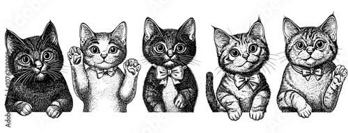 Funny pets heads modern black face kitten, kitty cartoon smile, emotion cheerful illustration. Isolated flat kittens. Emotional animals stickers. Cute emoji.