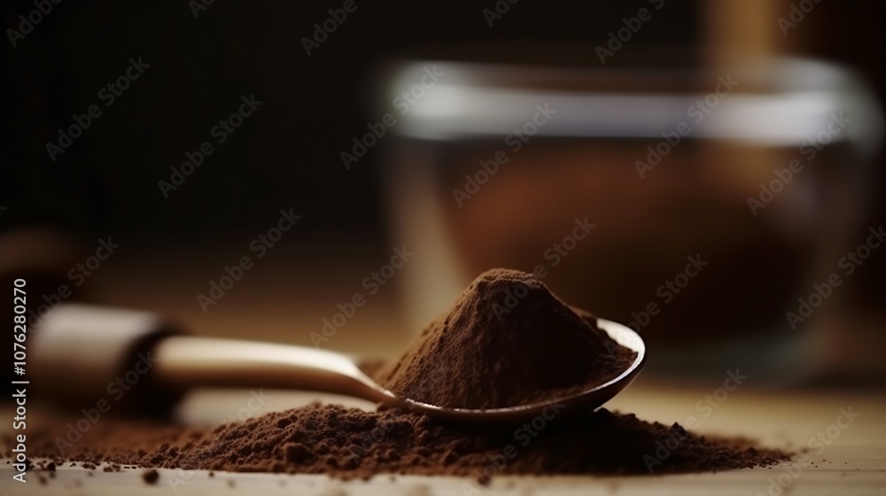 Fototapeta premium Cocoa Powder in a Spoon on a Wooden Surface