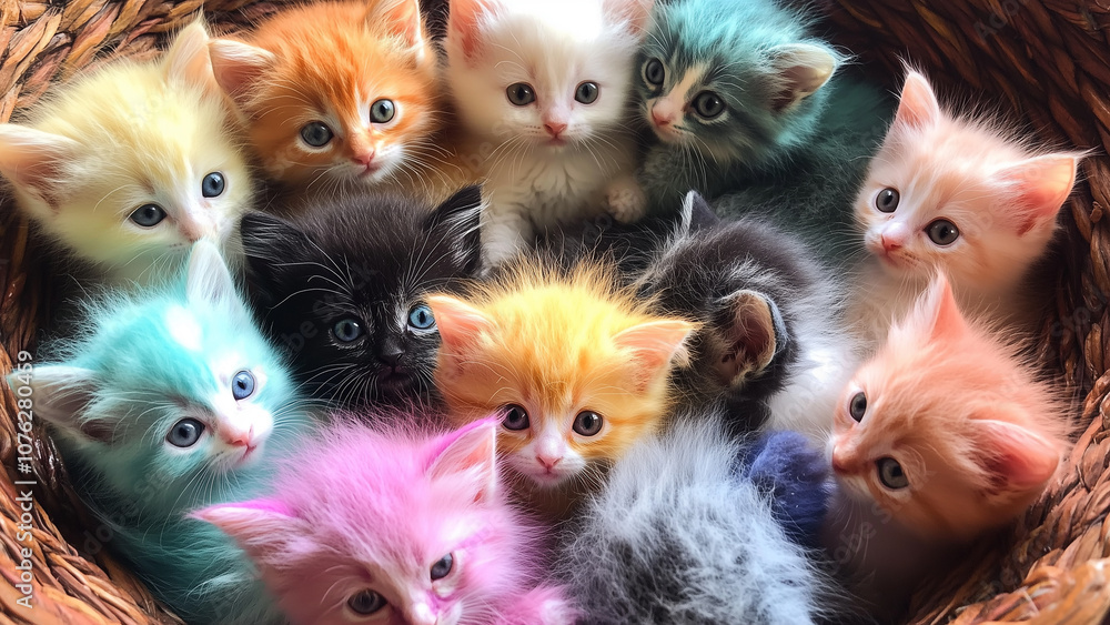 Naklejka premium Rainbow Kittens in a Bowl: Cute, Bright, and Photorealistic