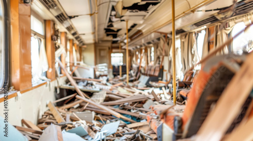 Train car interior in ruins with shattered windows and debris, symbolizing the aftermath of a bombing, focusing on the destruction with a shallow depth of field.