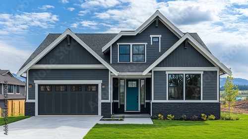 Suburban home with a modern farmhouse vibe, white exterior, black trim