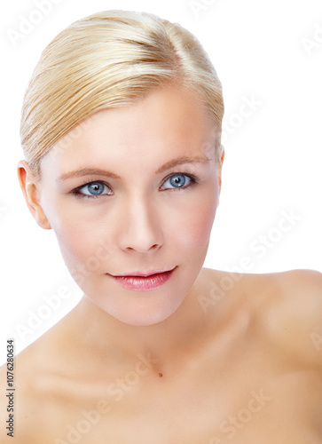 Thinking, makeup and glow with face of woman in studio for skincare, shine and self care. Cosmetics, dermatology and spa treatment with female model on white background for salon and collagen