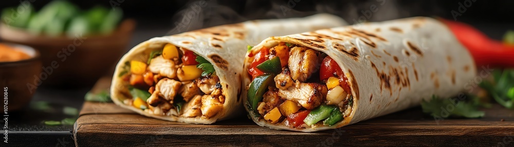 Hot shawarma wrap, filled with grilled chicken and fresh vegetables, steaming deliciously Hot shawarma wrap, filled with grilled chicken and fresh vegetables, steaming deliciously
