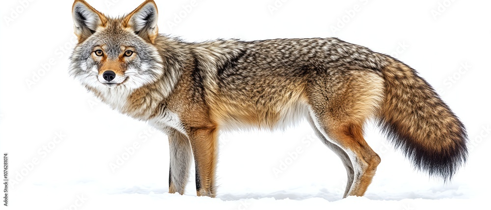 Fototapeta premium Majestic coyote standing on a pure white background, sharp and detailed fur