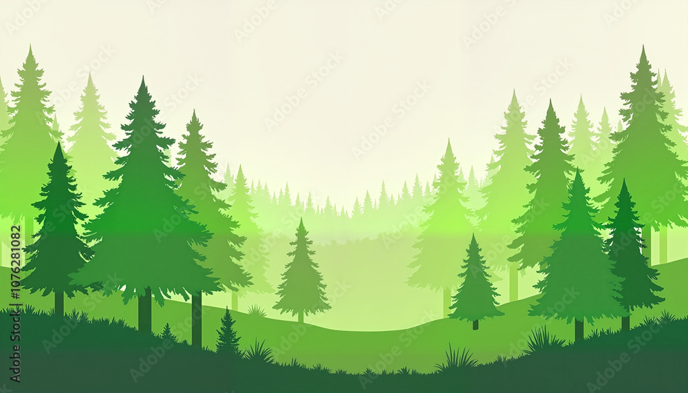 Obraz premium Stylized forest landscape with pine trees in various shades of green against a soft light background, International Earth Day Theme