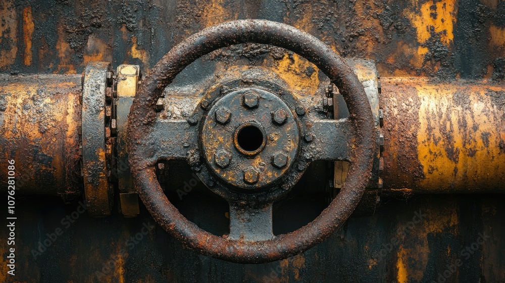 Rusty Industrial Valve with Weathered Pipes on a Grungy Metal Background, Capturing the Essence of Abandonment and Industrial Decay Rusty Industrial Valve with Weathered Pipes on a Grungy Metal Background, Capturing the Essence of Abandonment and Industrial Decay