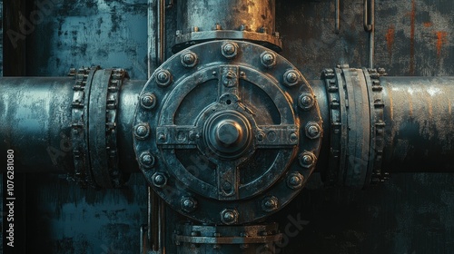 Close-Up of Industrial Pipe Valve with Rusty Metal Texture and Gears, Illustrating the Mechanisms of an Old Manufacturing Facility Gear System photo