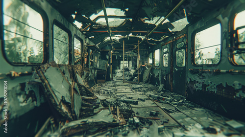 Train car interior in ruins with shattered windows and debris, symbolizing the aftermath of a bombing, focusing on the destruction with a shallow depth of field.