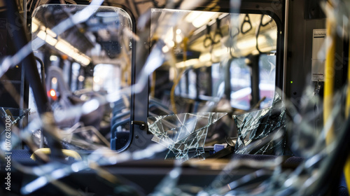 Train car interior in ruins with shattered windows and debris, symbolizing the aftermath of a bombing, focusing on the destruction with a shallow depth of field.