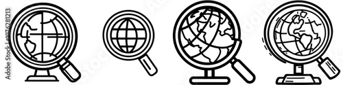 A globe with magnifier, a global search icon on a filled background.