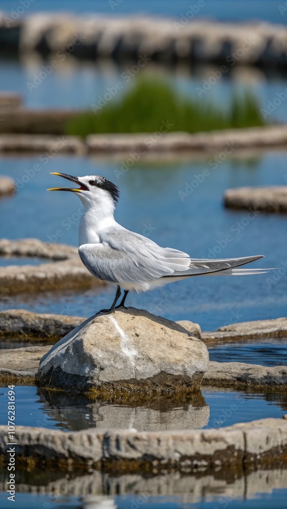 A Sandwich Tern Calling From a Rock by the Serene Waters in Bright Daylight. Generative AI A Sandwich Tern Calling From a Rock by the Serene Waters in Bright Daylight. Generative AI