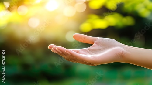 A hand reaching out towards the sunlight, with a blurred background of green leaves and a bright golden glow.