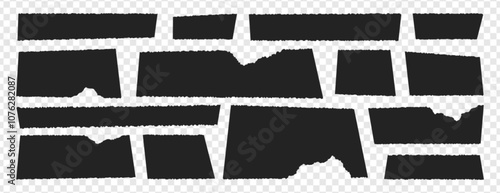 Black torn pieces set with jagged edges. Geometric grunge rectangular frames of old torn paper, shreds of pages. Ripped sheets, textured shape silhouette of strips fragments on transparent background.