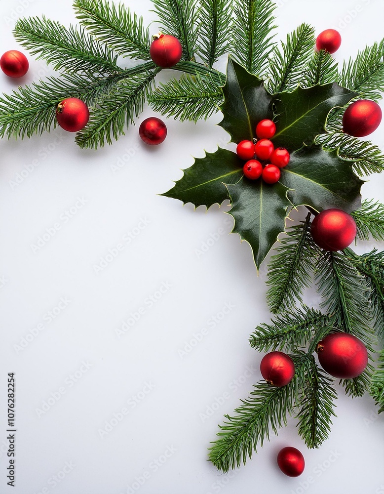 Holly branch with red berries and green leaves and red Christams ornaments on white background Holly branch with red berries and green leaves and red Christams ornaments on white background