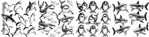 Isolated ocean wildlife beach animals decent modern characters. Cartoon shark. Graphic shark. Cute fish.