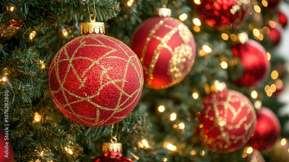 Naklejka premium Glimmering Red Christmas Ornaments Hanging on a Beautifully Decorated Christmas Tree with Sparkling Lights and Holiday Cheer