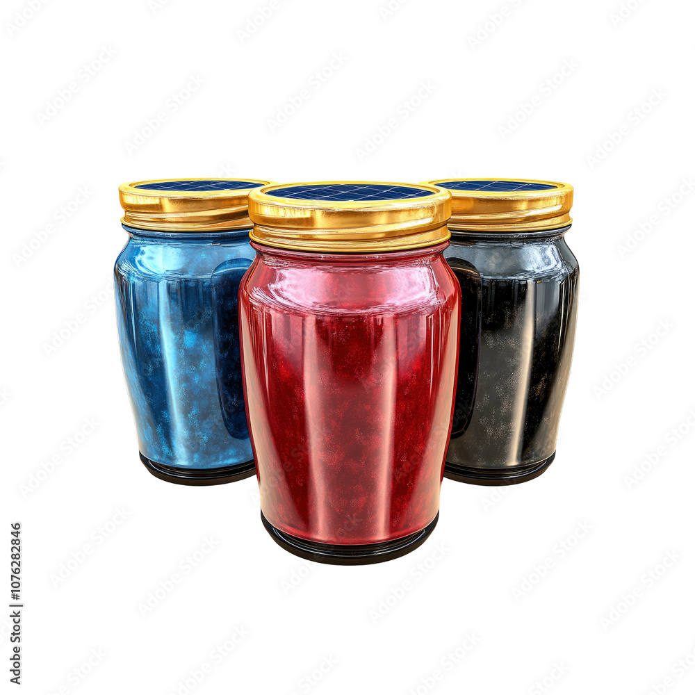 Three Glass Jars with Preserves and Gold Lids Three Glass Jars with Preserves and Gold Lids