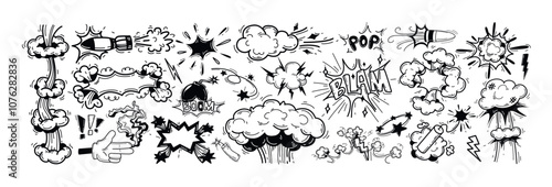 Doodle hand drawn explosions with boom crash smoke effect. Comic book fire mushroom cloud explodes, atomic bomb sound with nuclear weapon, bullet, dynamite icon. Speech bubbles with words pop, blam,