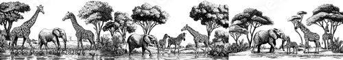 Animals of the savannah. African summer animals, savannah lands landscape. Funny tropical zoo, safari park panorama with decent wild modern characters.