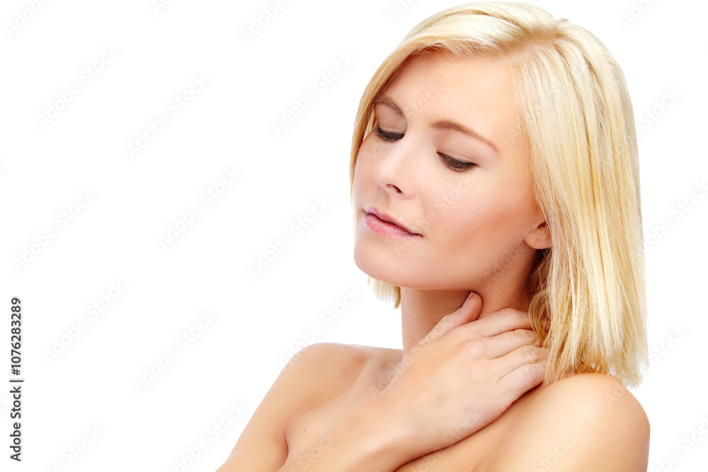 Naklejka premium Confident, wellness or woman with glow, skincare or beauty results in studio on white background. Cosmetics treatment, face or girl model with facial health for natural aesthetic, mockup or pride