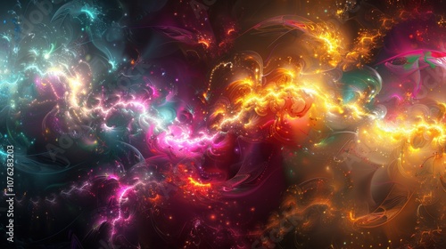 Abstract colorful swirls and lightning bolts create a dynamic and vibrant background.