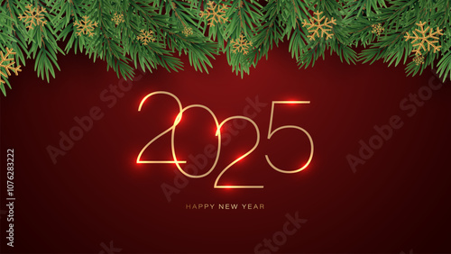 Happy New Year 2025 Shiny background with snow and shine star vector Happy New Year 2025 text design. New year 2025 vector design with realistic 3D numbers.