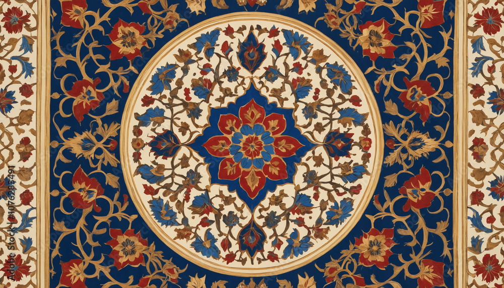 Traditional Mughal Artwork Featuring Ornate Floral Motifs Traditional Mughal Artwork Featuring Ornate Floral Motifs
