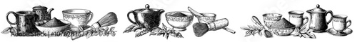 This is a collection of hand-sketched tea drinks and ingredients. The sketch is of cups of hot tea, dried leaves, jasmine blossoms. There are drawings of green tea, black tea, white tea, matcha for