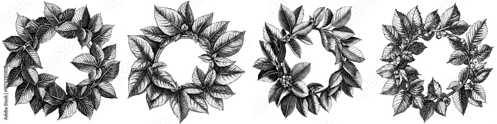 A floral wreath branch in hand-drawn style. Black and white floral circle frame with twigs, leaves, and flowers. Perfect for Valentine's day décor, wedding decor, logos and identities. A floral wreath branch in hand-drawn style. Black and white floral circle frame with twigs, leaves, and flowers. Perfect for Valentine's day décor, wedding decor, logos and identities.