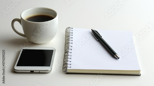 A Minimal Workspace Scene Featuring a Coffee Cup, a Spiral Notebook, a Ballpoint Pen, and a Smartphone on a Clean White Table Surface