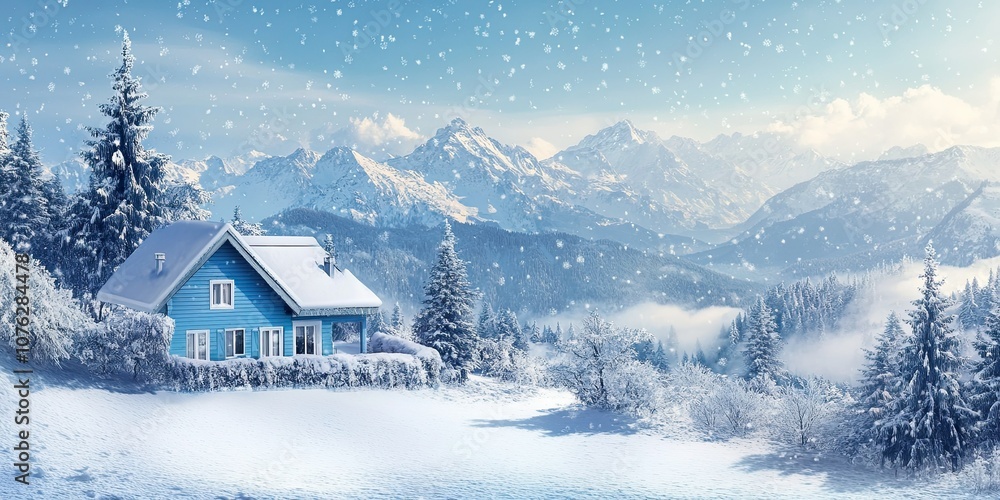 blue winter house with trees and soft snowflakes on beautiful mountain view background blue winter house with trees and soft snowflakes on beautiful mountain view background