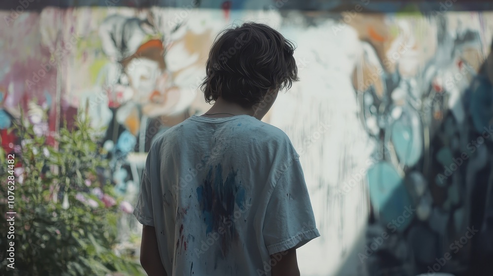 Obraz premium A young artist painting a mural in a community space.