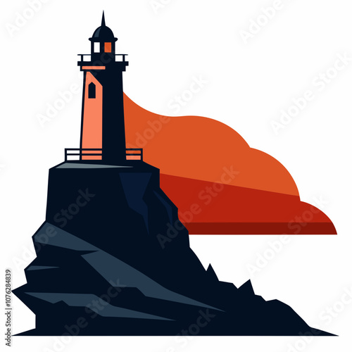 Lighthouse on cliff silhouette vector illustration on white background