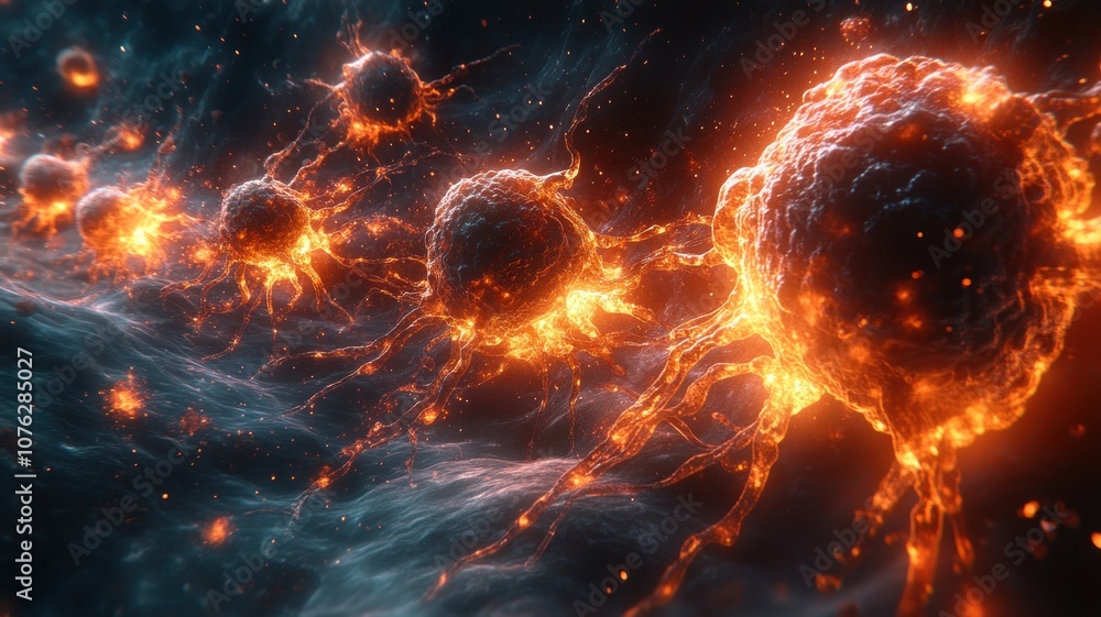 Abstract visualization of glowing cells in a cosmic environment.