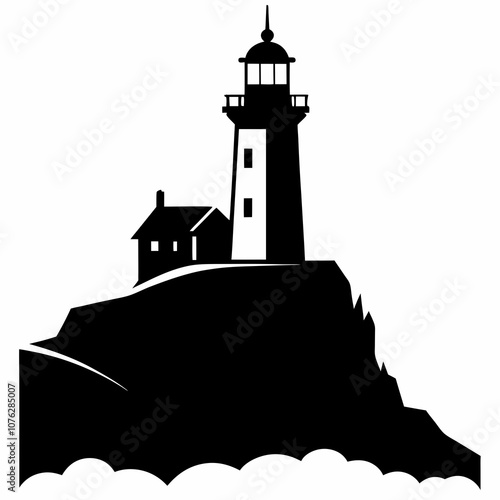 Lighthouse on cliff silhouette vector illustration on white background