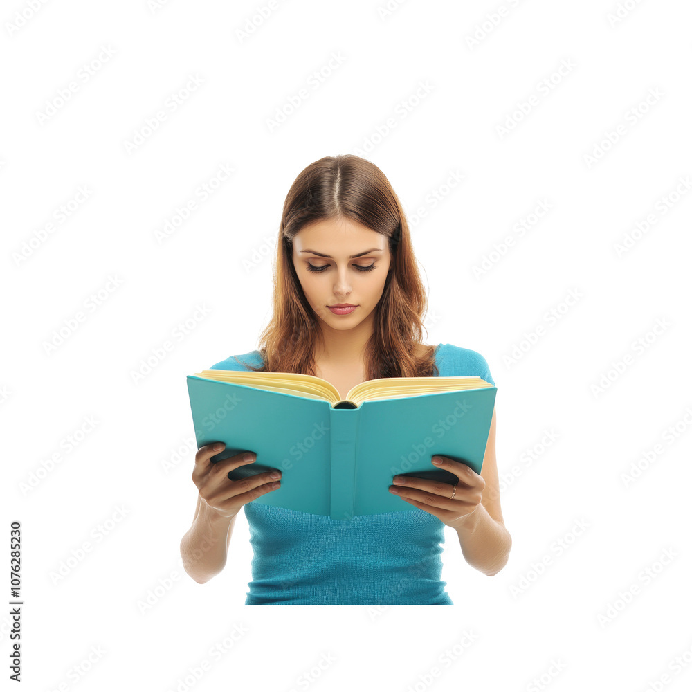 Young Woman Reading a Book with a Focused Expression Young Woman Reading a Book with a Focused Expression