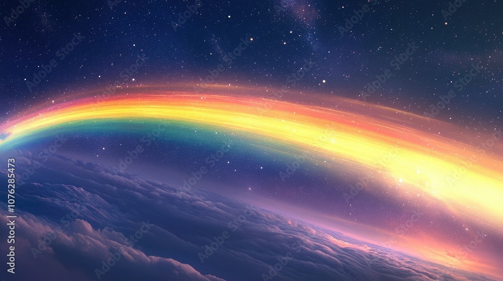 A Stunning Rainbow Arching Over Cosmic Clouds in a Starry Night Sky, Creating a Magical and Dreamlike Atmosphere for Fantasy and Nature Lovers A Stunning Rainbow Arching Over Cosmic Clouds in a Starry Night Sky, Creating a Magical and Dreamlike Atmosphere for Fantasy and Nature Lovers