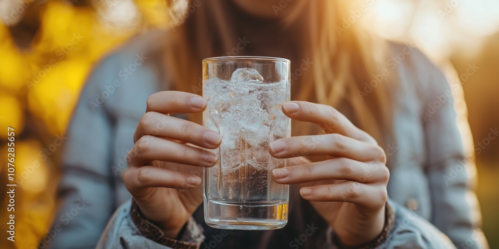 A woman holding a glass of water with ice cubes in it. Concept of refreshment and hydration A woman holding a glass of water with ice cubes in it. Concept of refreshment and hydration