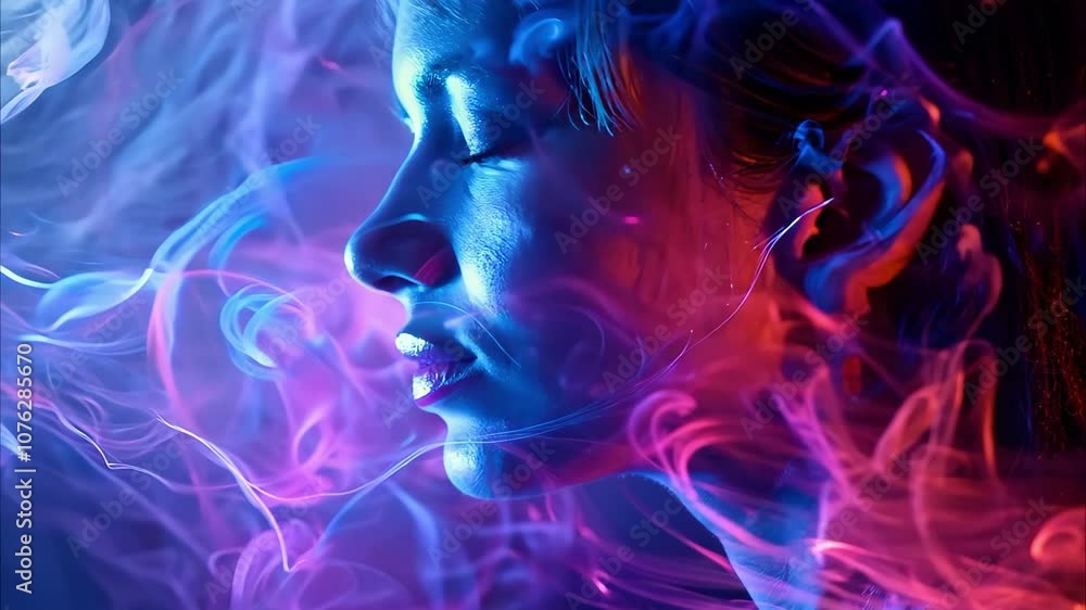 A close-up profile of a person surrounded by vibrant, swirling smoke in shades of blue and pink. A close-up profile of a person surrounded by vibrant, swirling smoke in shades of blue and pink.