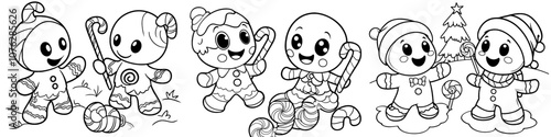A drawing of gingerbread men with peppermint and candy cane outline doodle cartoon illustration. An activity for kids and adults to color this winter themed coloring page.